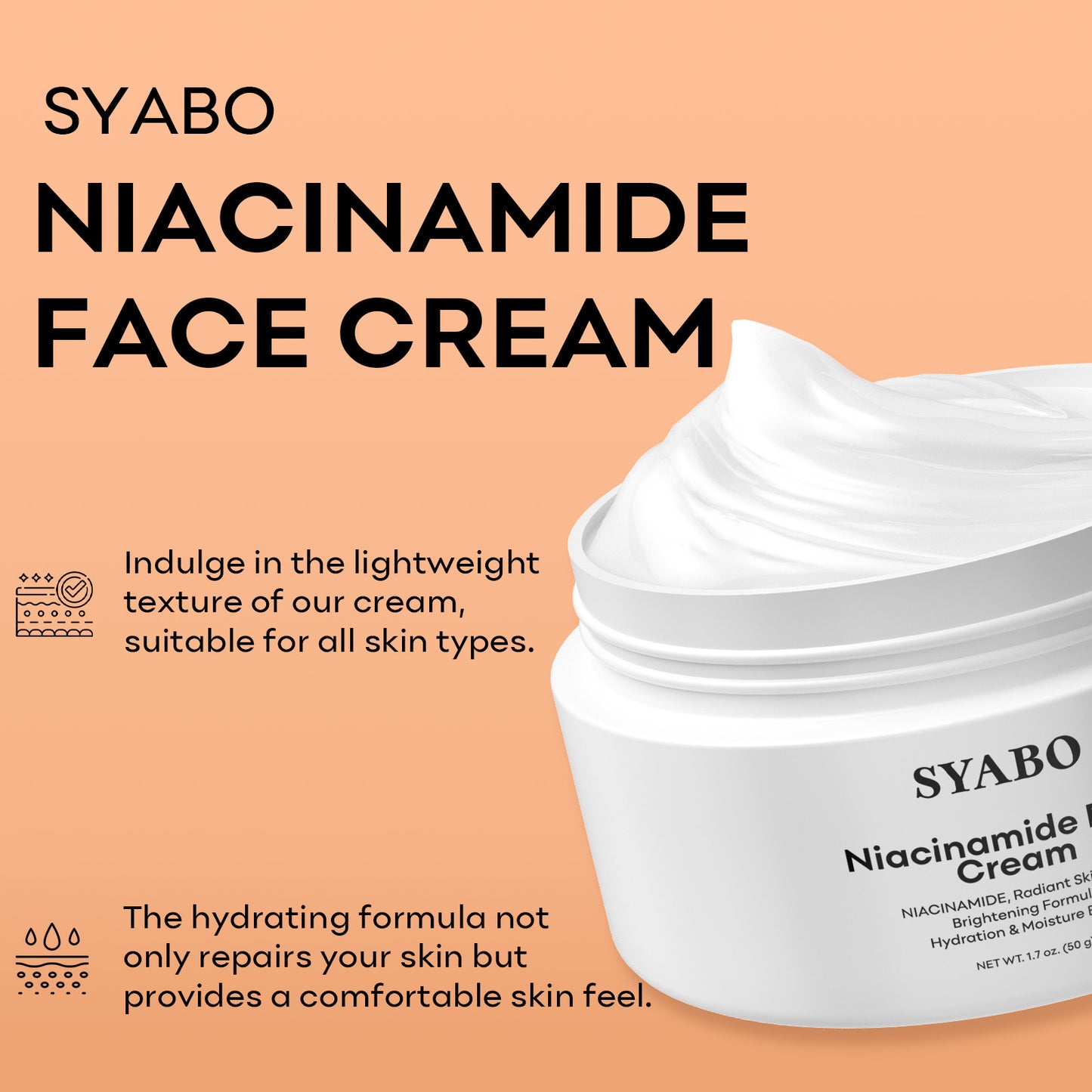 SYABO Niacinamide Face Cream, Anti-aging Face Moisturizer, Dilute Acne Marks, Even Skin Tone, Increase Skin Luster - All Skin Types 1.76 Fl. oz/ 50ml Skincare Lighten Skin Repair Moisture Hydrate Hydrating Moisturizing