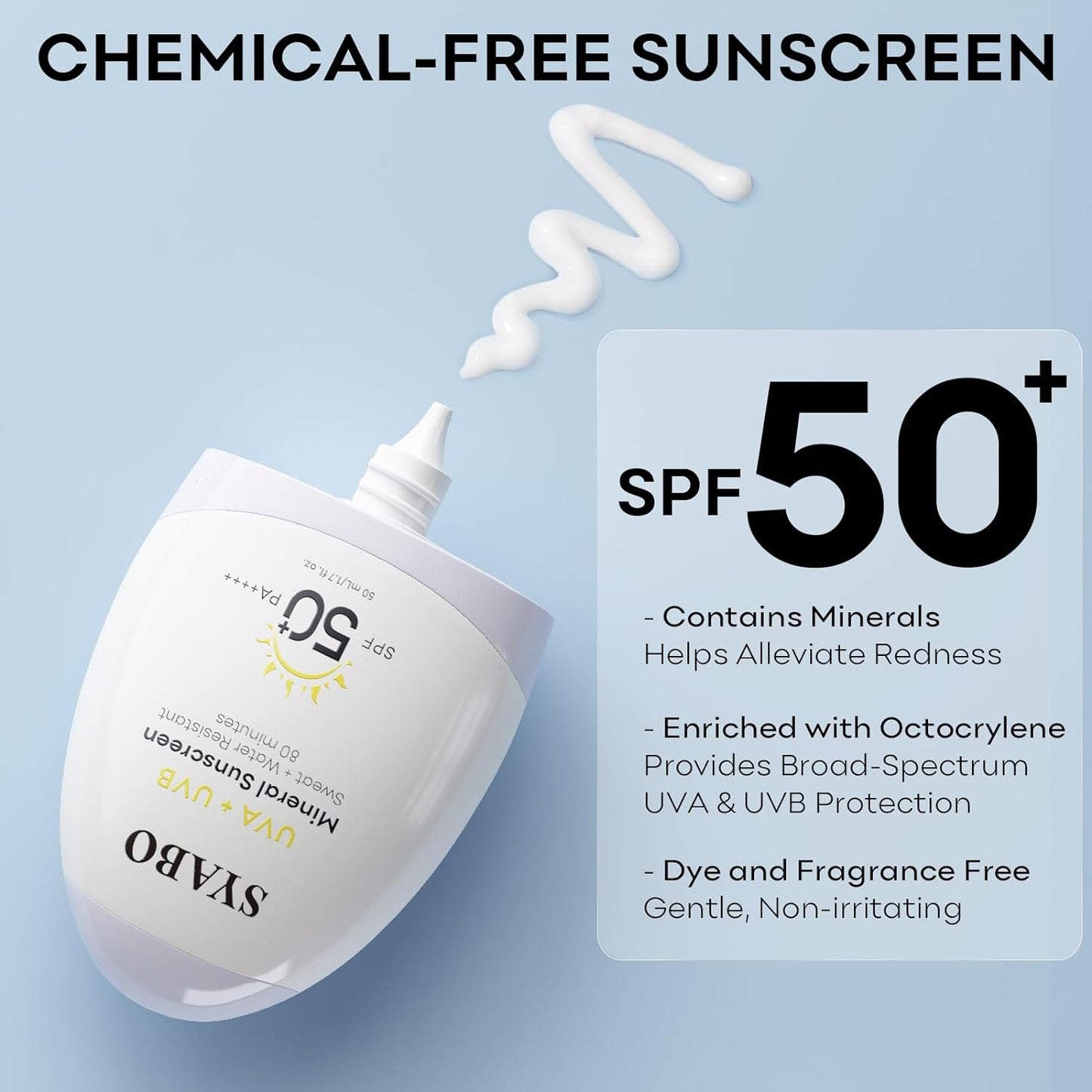 Mineral Sunscreen, SPF 50+ Sunscreen Lotion with Zinc Oxide, Water Resistant Face Sun Cream, Calms Sensitive Skin and Acne-Prone Skin, Broad Spectrum UVA/UVB Sun Protection, 1.7 FL OZ