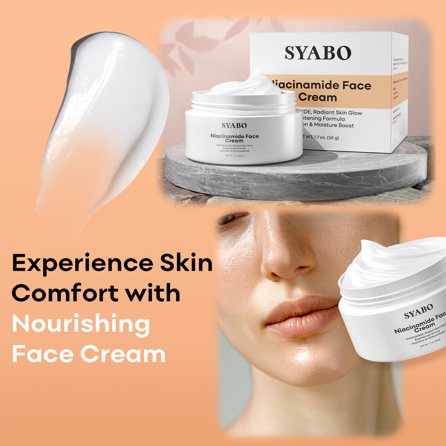 SYABO Niacinamide Face Cream, Anti-aging Face Moisturizer, Dilute Acne Marks, Even Skin Tone, Increase Skin Luster - All Skin Types 1.76 Fl. oz/ 50ml Skincare Lighten Skin Repair Moisture Hydrate Hydrating Moisturizing