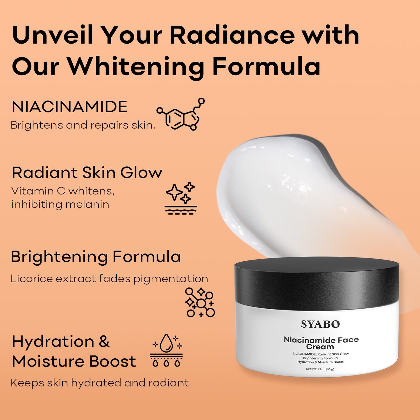 SYABO Niacinamide Face Cream, Anti-aging Face Moisturizer, Dilute Acne Marks, Even Skin Tone, Increase Skin Luster - All Skin Types 1.76 Fl. oz/ 50ml Skincare Lighten Skin Repair Moisture Hydrate Hydrating Moisturizing
