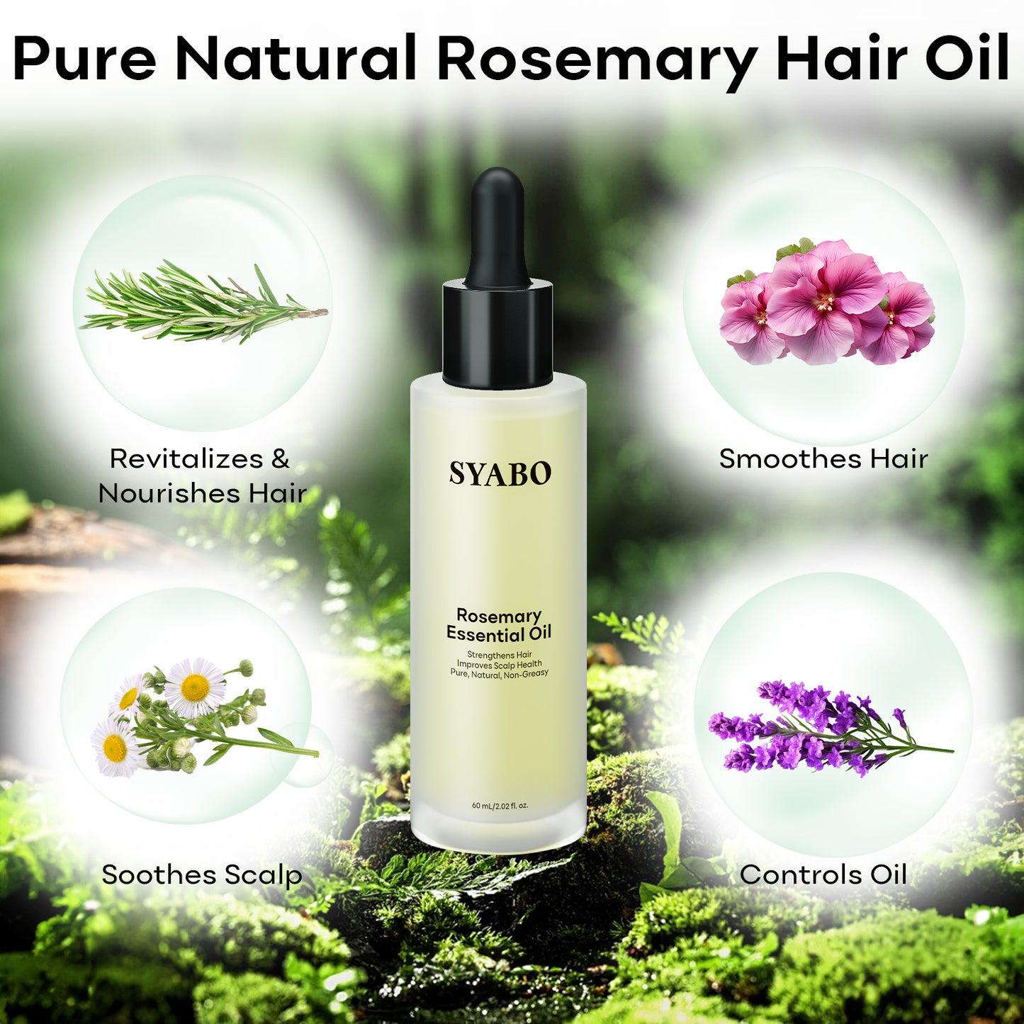 SYABO Rosemary Essential Oil, 100% Pure and Natural Premium Glass Dropper Hair Oil, Rosemary Essential Hair Oils for Hair Care, Hair Oiling, Strengthen Hair Follicles, Nourish Dry Scalp 2.02 FL OZ