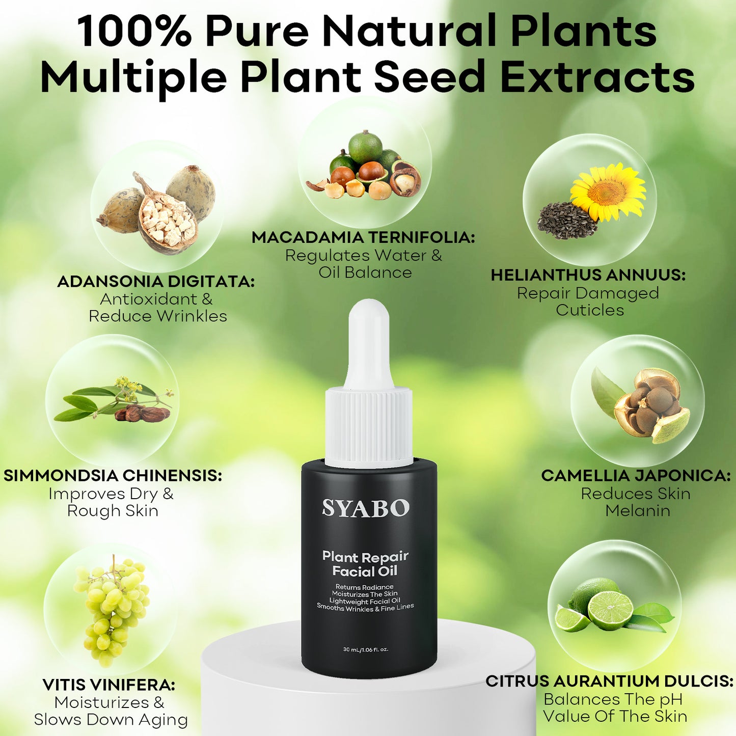 SYABO Facial Seed Essence Oil Improves Roughness, Dullness, Dry Lines And Shriveled Skin，Lightweight & Non-Greasy Recovery Facial Oil, Relieve dry skin，Hydrating Facial Oil with Vitamin E, C & 11 Pure Seeds Facial Oil ，for Skin Care, Body1 .06FL OZ