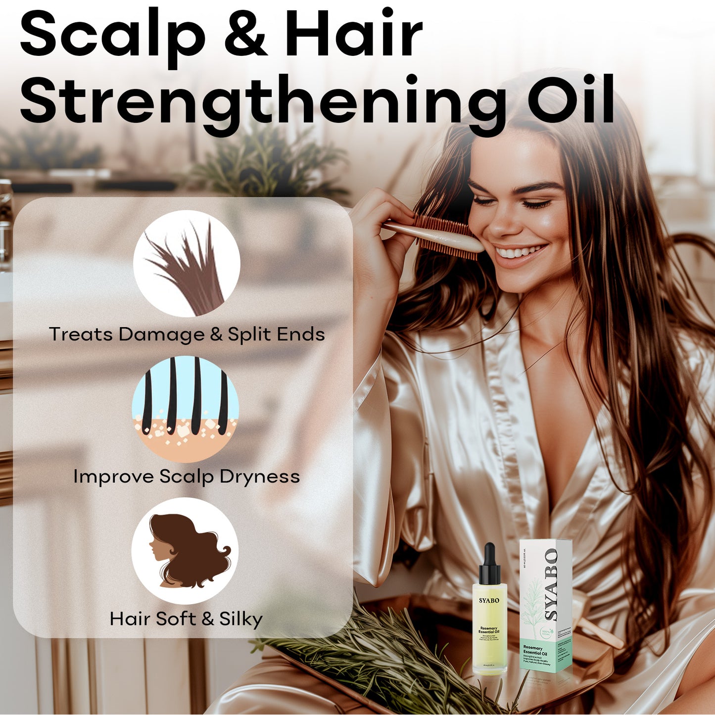 SYABO Rosemary Essential Oil, 100% Pure and Natural Premium Glass Dropper Hair Oil, Rosemary Essential Hair Oils for Hair Care, Hair Oiling, Strengthen Hair Follicles, Nourish Dry Scalp 2.02 FL OZ