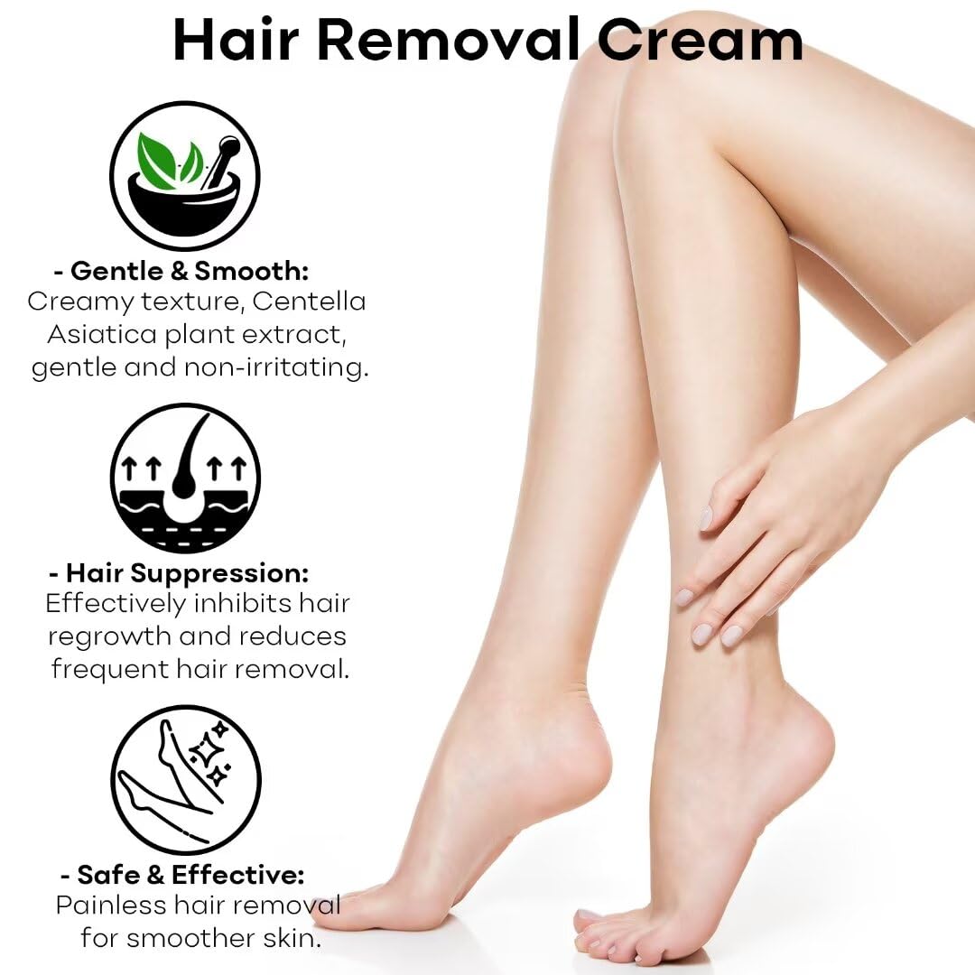 Hair Removal Cream, Painless Bikini, Legs, Arms and Underarms Hair Removal Lotion, Sensitive Body Hair Removal Cream, Soothing & Skin Friendly for Women Men All Skin Types, 5.07 FL OZ