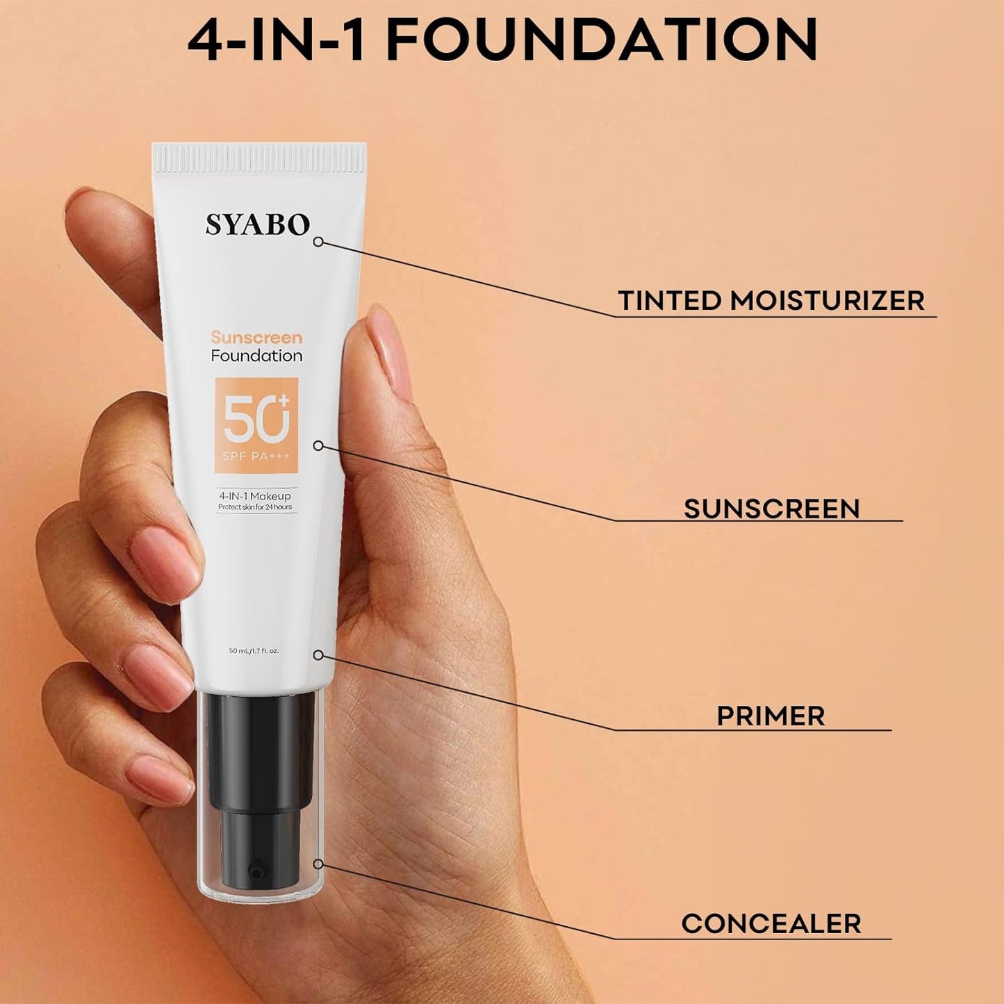 Makeup Foundation, 4-In-1 Foundation - Broad Spectrum SPF 50+ Sunscreen & Tinted Moisturizer & Concealer & Lightweight Flawless Coverage Foundation, Classic Ivory, 1.7 FL OZ