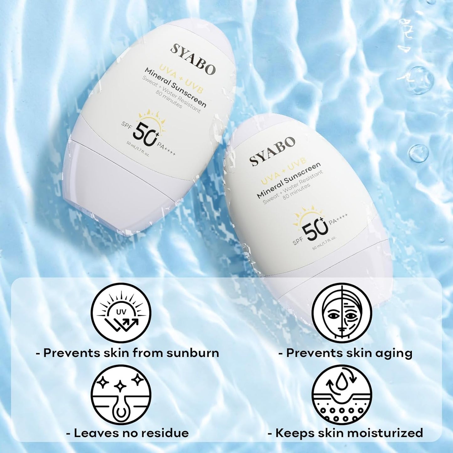 Mineral Sunscreen, SPF 50+ Sunscreen Lotion with Zinc Oxide, Water Resistant Face Sun Cream, Calms Sensitive Skin and Acne-Prone Skin, Broad Spectrum UVA/UVB Sun Protection, 1.7 FL OZ